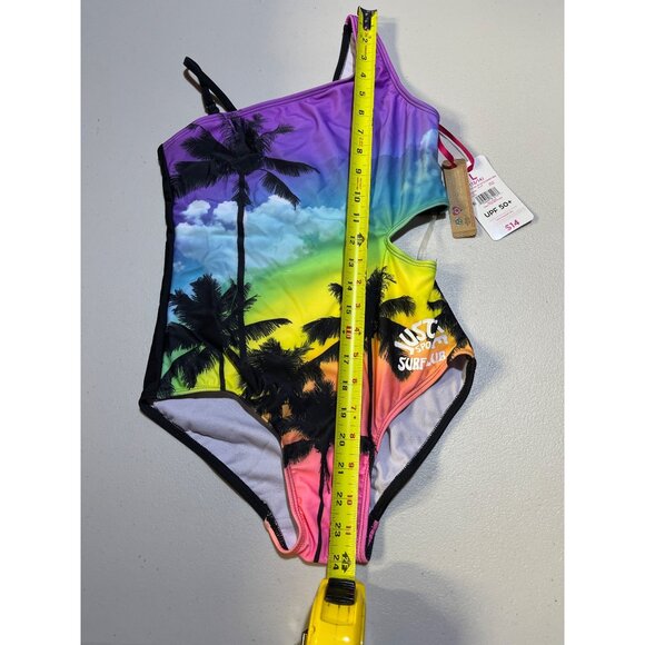 Justice Girls Sz L 12/14 1 Shoulder Cut Out Swimsuit UPF 50+ Rainbow Palm Print - Picture 3 of 9
